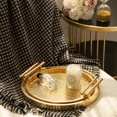 Modern Decorative Tray Set of 2, Wooden Round Crocodile Leather Tray with Polished Metal Handles, Decorative Serving Trays Coffee Table Trays Ottoman Platter for Home Decor (Golden) - Image 7