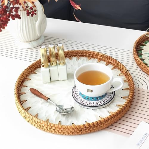 i-lan Set of 3 Rattan and Mother of Pearl Round Serving Trays,3pcs Desk Table Serving Platters,Woven Basket Inlaid Mother of Pearl Plates for Home Décor, Coffee Table,Display - Image 5