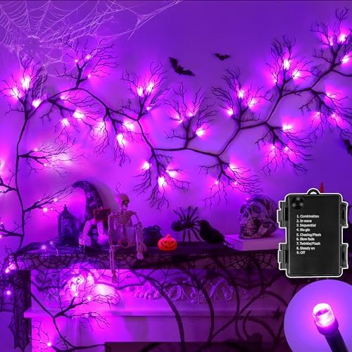 9 Ft 66 LED Willow Vine Twig Decor Black Halloween Garland with Purple Lights, Timer 8 Modes Waterproof Battery Operated Indoor Halloween Decorations for Wall Fireplace Mantle Home Office Party Decor by Envotek
