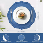 Set of 4 Cotton Linen Placemats, 15x15 Round Scalloped Cloth Table Mats, Embroidery Machine Washable, Wrinkle Resistance Fabric Place Mats for Wedding Summer Baby Shower Party Table Decor-Navy Blue - Image 2