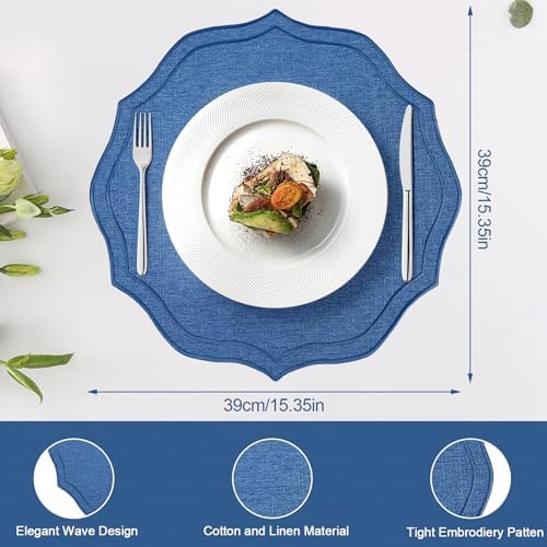 Set of 4 Cotton Linen Placemats, 15x15 Round Scalloped Cloth Table Mats, Embroidery Machine Washable, Wrinkle Resistance Fabric Place Mats for Wedding Summer Baby Shower Party Table Decor-Navy Blue - Image 2