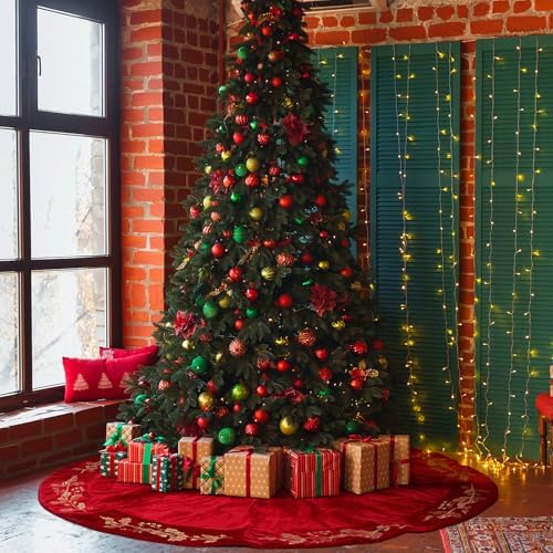 72 Inch Christmas Tree Skirt Velvet Xmas Tree Skirt with Gold Embroidery Holly Leaf Decorations for Christmas Party Favors Holiday New Year Decor (Red) - Image 3