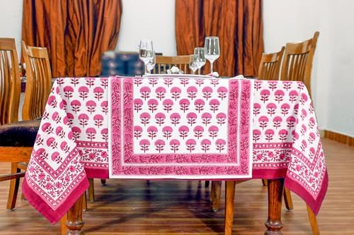 72x160 Inches Rectangle Hand Block Printed Cotton Tablecloth, White Pink Floral Table Cloths Washable, Indian Table Linen for Halloween Christmas Outdoor Thanksgiving Gifts Home Decor Dinning Outdoor - Image 4