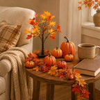8pcs Fall Decor Set with Lighted Maple Tree & Pumpkins & Garland - Image 6