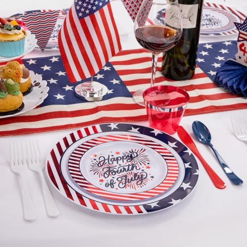 LIYH 180 Pcs 4th of July Plastic Plates Red White Blue, Plastic Silverware Patriotic Party Memorial Day Plate for Independence Day 4th of July Decorations 30 Guests - Image 3