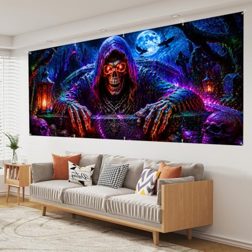 7x16ft Halloween Garage Door Banner Decorations, Scary Grim Reaper Skull - Image 7