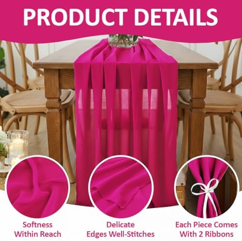 MDS Pack of 12 | Magenta | 10ft Chiffon Table Runner 29x170 Inches Long Romantic Rustic Sheer Gauze Runner for Wedding Bridal Shower Birthday Banquets Engagement Spring Easter Boho Decorations - Image 5