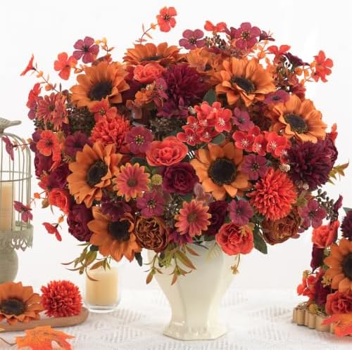 Mixed 10 Pcs Fall Artificial Sunflower Peony Bouquet, Burnt Orange Burgundy Silk Faux Flower, Autumn Faux Floral Arrangements for Wedding Table Centerpiece DIY Thanksgiving Farmhouse Outdoor Decor - Image 2