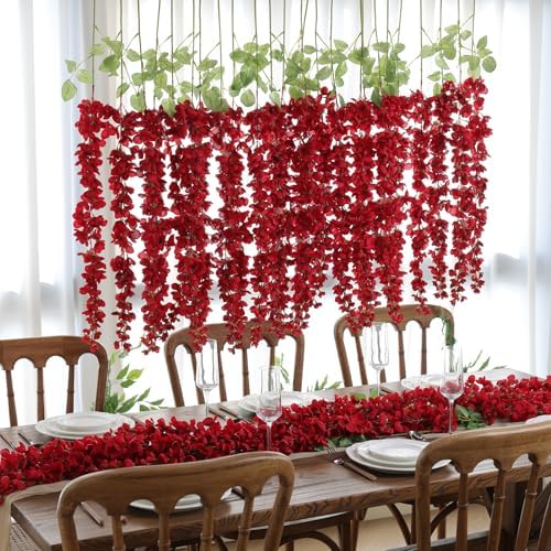 mizii 6Pcs Red Wisteria Hanging Flowers 48" Silk Wisteria Artificial Flowers Garland Vines Fake Hanging Flowers Decoration for Wedding Flower Wall Backdrop Centerpieces Room Decor (Red) - Image 3