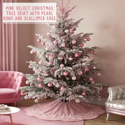 Foilswirl 48 Inch Pink Velvet Christmas Tree Skirt, Scallop Dedge - Image 2