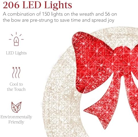Best Choice Products 60in Pre-Lit Outdoor Christmas Wreath Decoration, LED Metal Holiday Decor for Home Exterior, Garden w/ 206 Lights, Bow - White/Red - Image 3