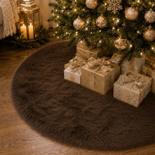60 Inch Christmas Tree Skirt - Fluffy Faux Fur Dark Brown Tree Skirt, Toka Colored Plush Xmas Holiday Decor for Parties, Small Round Tree Skirt - Image 4
