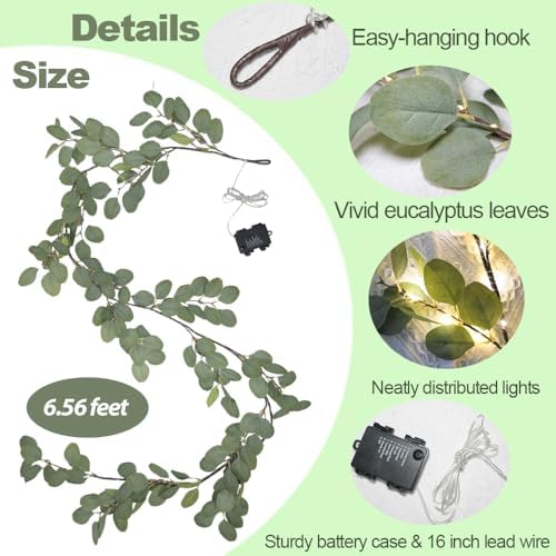 6.56FT Eucalyptus Garland with Lights 96 LEDs 8 Modes Battery Operated with Timer Faux Twig Vine Lights Spring Greenery Garlands for Mantle Fireplace Wall Table Stairs Wedding Party Bedroom Home Decor - Image 2