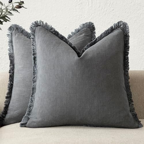 Foindtower Decorative Linen Fringe Throw Pillow Covers 22×22 Inch,Gray by Foindtower