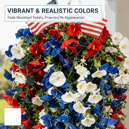 Red White and Blue Flowers Artificial Flowers Outdoor, 4th of July Decoration Tricolor Patriotic Artificial Flower, UV Resistant Artificial Morning Glory Vines for Independence Day Decor (3sets) - Image 4