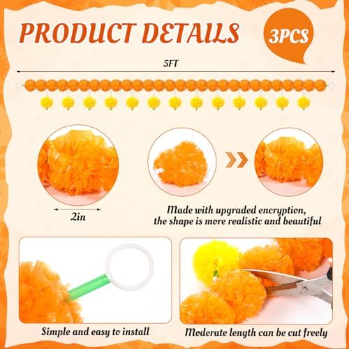 Riceshoot 3 Pcs Marigold Garland 4.6 ft for Day of The Dead Decor, Orange - Image 2