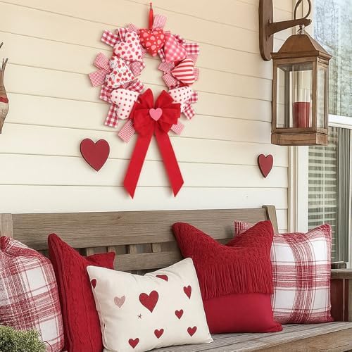 Suncalla Valentine's Day Wreath 14'' Love Heart Wreath with 3D Heart Ornaments for Front Door 24'' Long Window Porch Home Wedding Festival Celebration Wall Decorations(Bow) - Image 6