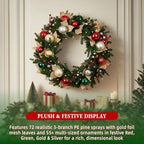 Hykolity 28 Inch Pre-Lit Christmas Wreath with 50 Warm White LED Lights and Timer, Battery Operated Artificial PE & PVC Wreath with Multicolor Ornaments and Glittered Gold Leaves for Front Door - Image 3