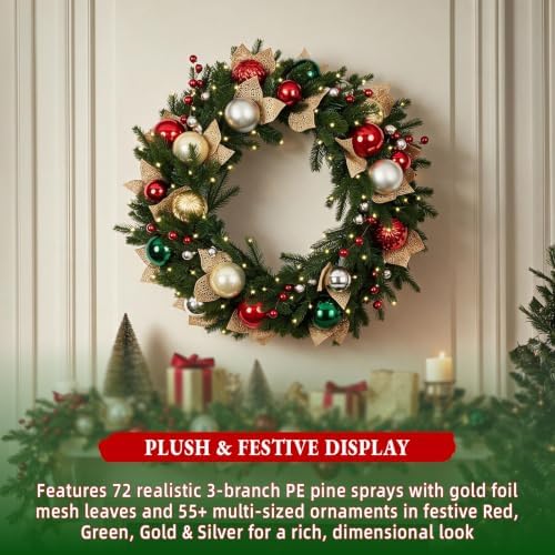 Hykolity 28 Inch Pre-Lit Christmas Wreath with 50 Warm White LED Lights and Timer, Battery Operated Artificial PE & PVC Wreath with Multicolor Ornaments and Glittered Gold Leaves for Front Door - Image 3