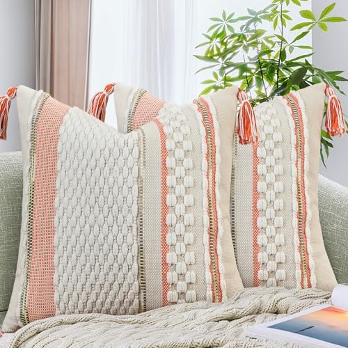 AmHoo Set of 2 Chenille Striped Textured Boho Throw Pillow Covers Aesthetic with Tassels Woven Decorative Pillow Case for Couch Bed Sofa Bedroom Modern Funky 18 x 18-Inch White Orange by AmHootextile