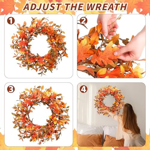 Hotop 2 Pcs 22'' Fall Wreaths for Front Door Autumn Wreaths with Berries Harvest Eucalyptus Leaves Orange Gold Leaves for Home Wall Farm Fall Thanksgiving Festival Decor - Image 3