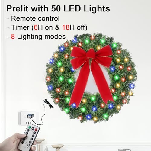 24in Pre Lit Christmas Wreath with Lights & Timer & Remote - 50 Multi-Colored LEDs, 8 Lighting Modes - Lighted Christmas Wreath with Hanger & Red Bow for Christmas Indoor Front Door Porch Decorations - Image 2