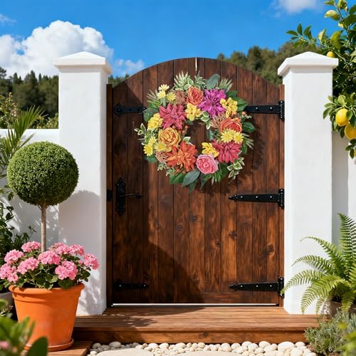 24 Inch Spring Summer Wreath for Front Door with Roses Dahlias Silk Flowers with Berry Greenery for All Seasons Indoor Outdoor Porch Wedding Wall Farmhouse Living Room Home Decor - Image 3