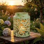 Vintage Metal Candle Lanterns with Handle Rustic Distressed Light Green Decorative Candle Holder with Floral Cut-Out Design for Home, Garden, Patio, Porch, Parties, Weddings Decor by Unknown