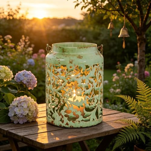 Vintage Metal Candle Lanterns with Handle Rustic Distressed Light Green Decorative Candle Holder with Floral Cut-Out Design for Home, Garden, Patio, Porch, Parties, Weddings Decor by Unknown