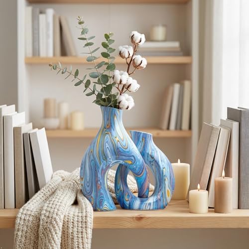 Blue Ceramic Flower Vase Set of 2, Unique Modern Decor by TZIZO - Image 4