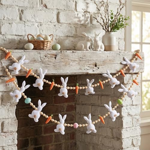 Marsui 2 Pas Easter Garland Felt Bunny Carrot Rabbit 6 Ft Wooden Beads Easter Banner Rustic Fireplace Garland Farmhouse Banner Mantel Decorations for Home Shelf Fireplace Wall Mantle Windows by Marsui