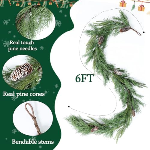 MIZII Christmas Garlands 6 Feet Artificial Pine Garland with Pinecone Real Touch Pines Vine Greenery Garland Christmas Decorations for Xmas Fireplace Mantle Home Decor Indoor Outdoor (Pine Garland) - Image 2