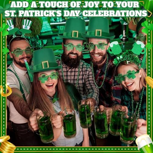 Kenning 48 Pcs St Patricks Day Accessories Party Favors Set, St Patty's Day Decorations, Leprechaun Hat Irish Headband Shamrock Glass Necklace Foil Horn for Saint Patricks Party Supplies Parades Gifts - Image 5