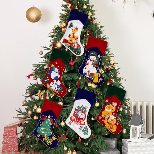 LUBOT 6 Pack Christmas Stockings Embroidered 20" Velvet Large Family Xmas Stocking Set of 6 Cute Cartoon Soft Luxury Stocking with Gold Piping Fireplace Hanging Holiday Decor - Image 5