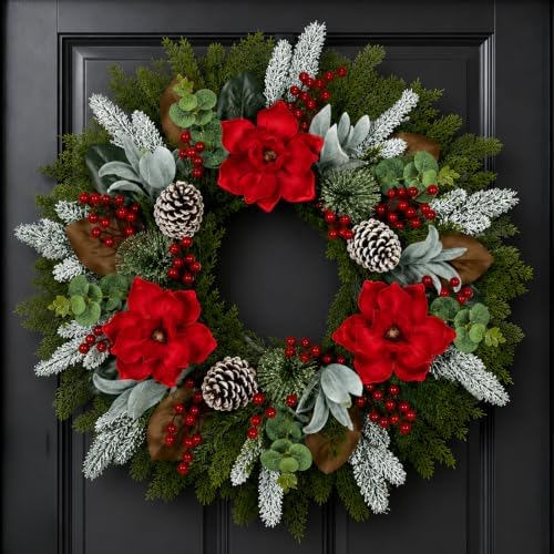 28 Inch Christmas Wreath for Front Door, Frosted Red Magnolia Winter Wreath - Image 7