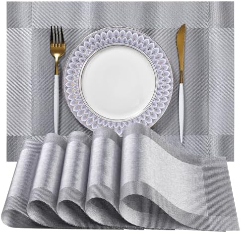 LEXMORE PlaceMats Set of 12 Vinyl/Plastic Woven Place Mats for Kitchen Table Indoor/Outdoor Washable PlaceMat Wipeable Dining Table Mats(Silver Cube) by lexmore