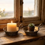 4" Wide Set of 2 Cast Iron Candle Holder with Handle in Rustic Gold for Pillar with Handle, Pillar Candle Holder, Farmhouse Vintage Style, for Mantels, Tabletops, Centerpieces, Entryways - Image 3