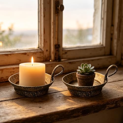 4" Wide Set of 2 Cast Iron Candle Holder with Handle in Rustic Gold for Pillar with Handle, Pillar Candle Holder, Farmhouse Vintage Style, for Mantels, Tabletops, Centerpieces, Entryways - Image 3