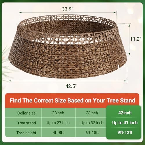 ELYKEN 42 Inch Woven Rattan Christmas Tree Collar, Stylish Seagrass & Water Hyacinth Xmas Tree Skirt for Artificial Trees, Wicker Tree Base Cover with Cord Cut-Out Farmhouse Tree Ring for Home Decor - Image 3