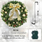 Hausse 21" Lighted Christmas Wreath with Metal Hanger, Pre-lit Xmas Folded Wreath with LED Lights, Golden Bow & Balls, Battery Operated & Timer for Front Door Gate Wall Holiday Party Decor - Image 3
