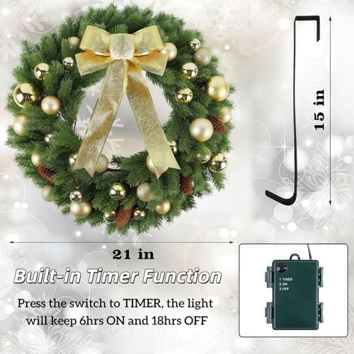 Hausse 21" Lighted Christmas Wreath with Metal Hanger, Pre-lit Xmas Folded Wreath with LED Lights, Golden Bow & Balls, Battery Operated & Timer for Front Door Gate Wall Holiday Party Decor - Image 3