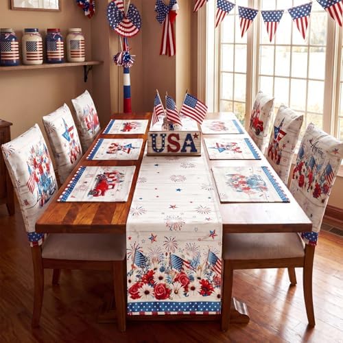 Newtay 13 Pcs 4th of July Table Runner Placemats and Dining Chair Cover Set Patriotic Red White Blue Decoration for 250th Anniversary Memorial Independence Day Kitchen Dining Home Party Decor(Vintage) - Image 4