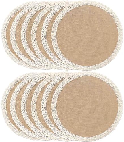 FunWheat Burlap Round Braided Placemats Set of 12 for Dining Tables 15 Inch Heat Resistant Jute Table Mats Farmhouse Woven Fabric Natural Place mats for Fall Decoration(Cotton Lace) by FunWheat