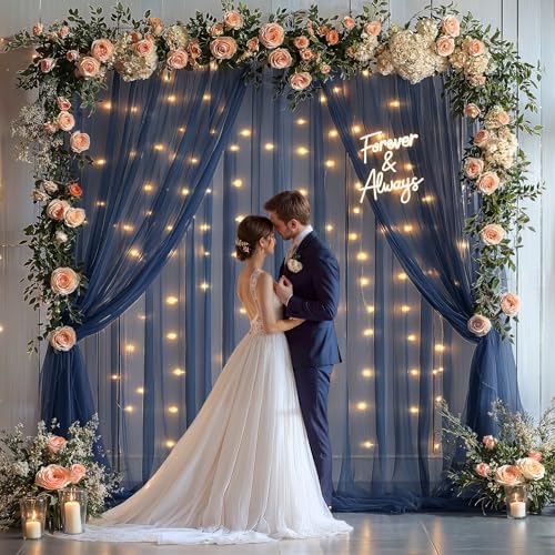 20x10ft Navy Blue Tulle Backdrop Curtain with Lights String for Parites, Sheer Backdrop Curtains for Wedding Baby Shower Birthday Party Photo Shoot Decorations - Image 5