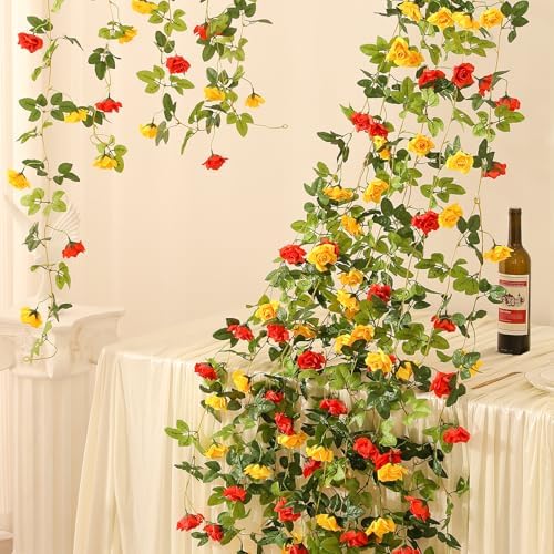 Floweroyal 6 Pack Artificial Flower Garlands 15.8FT Fake Rose Vines Silk Flowers Hanging Rose Ivy for Wedding Arch Party Home Garden Wall Decor (Orange Yellow) - Image 3