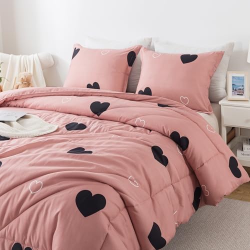 Caressma Pink Comforter Set Full Size Black Heart 3pcs with Pillowcase - Image 4