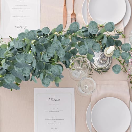 Sggvecsy 8 Pack Artificial Eucalyptus Garland Greenery Leaves Handmade 3D Silk Vines Silver Dollar Leaves Faux Leaf Plants for Wedding Wall Table Party Home Fireplace Bedroom Decor - Image 3