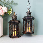 JHY DESIGN Decorative Candle Lanterns Set of 2 10" H Vintage Hanging Lanterns Metal Candleholders for Indoor Outdoor Home Parities and Weddings (Black with Gold Brush) - Image 5