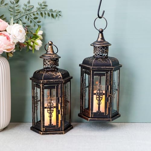 JHY DESIGN Decorative Candle Lanterns Set of 2 10" H Vintage Hanging Lanterns Metal Candleholders for Indoor Outdoor Home Parities and Weddings (Black with Gold Brush) - Image 5