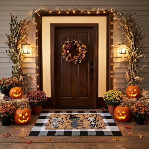 Halloween Door Mat Set, Coir Front Doormat & 43*28 Inches Buffalo Plaid Rug - Image 6